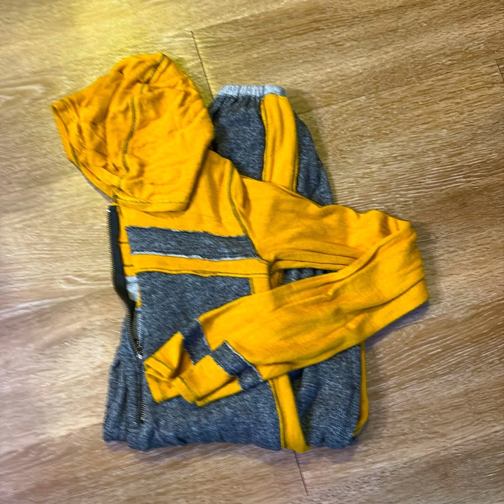 Free People Yellow and Gray Hooded Jumpsuit